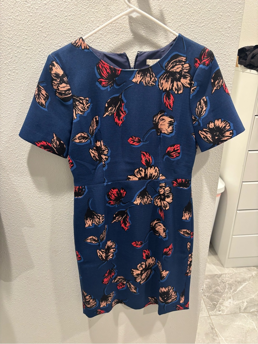 J Crew Floral Navy Short Sleeve Sheath Dress